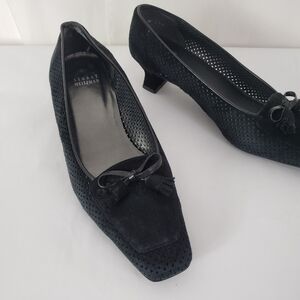Stuart Weitzman black suede square toe pump perforated front bow tie size 7W